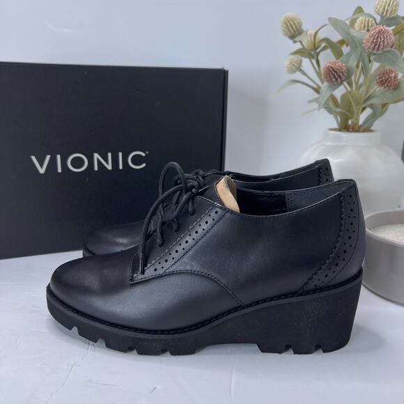 Vionic Anaheim Leather Lace Up Chunky Wedge Derby Loafer Black Women's 6.5M NWD - Picture 2 of 11